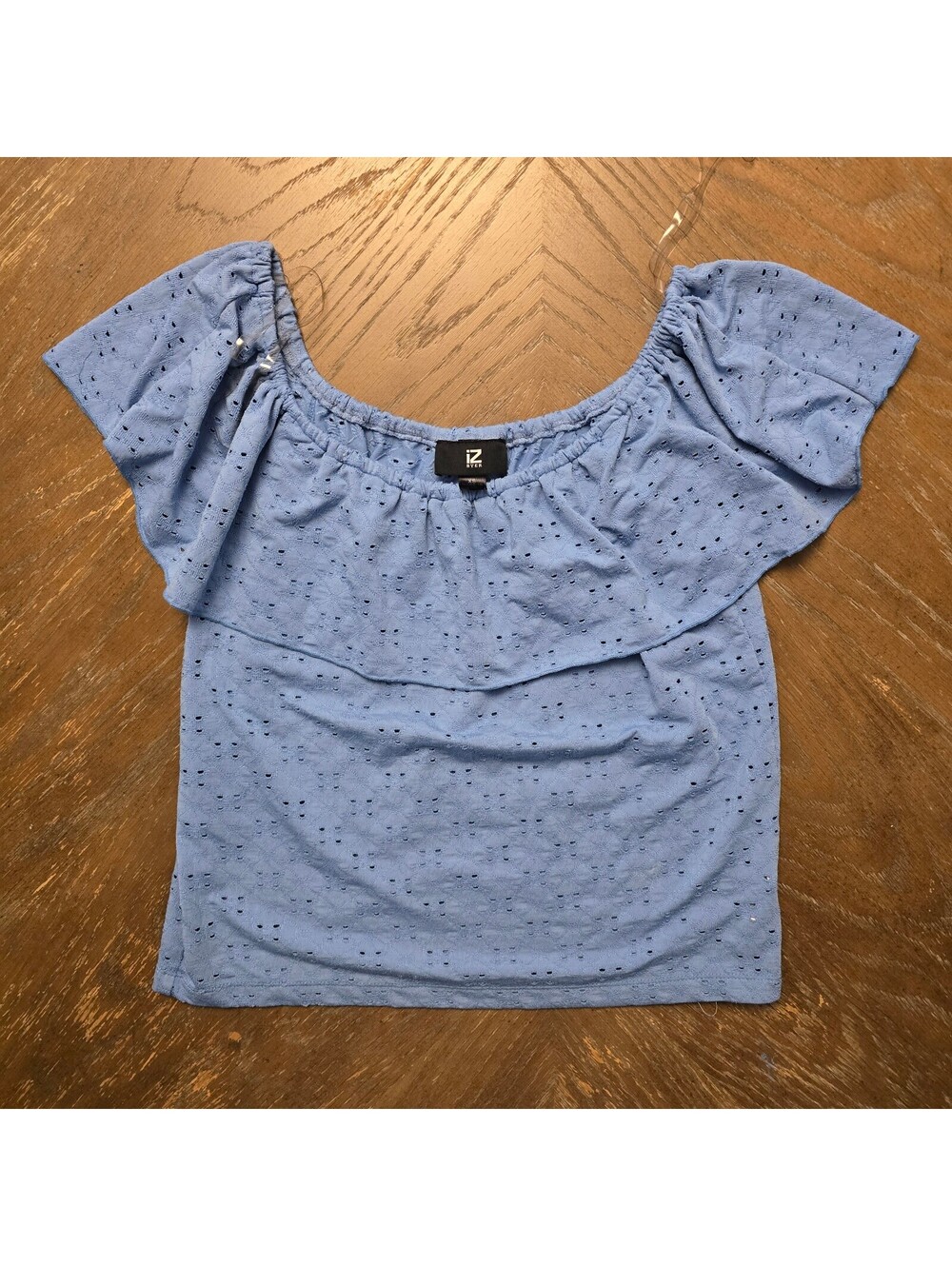 iZ Byer Blue Eyelet Off-the-Shoulder Ruffle Top XS